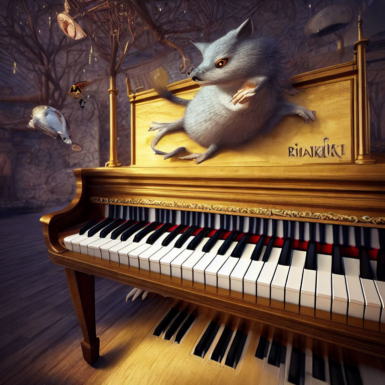 Fluffy gray mouse playing grand piano with flying companion in whimsical forest