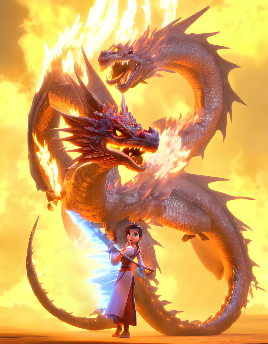 Confident girl with sword and golden dragon in amber sky