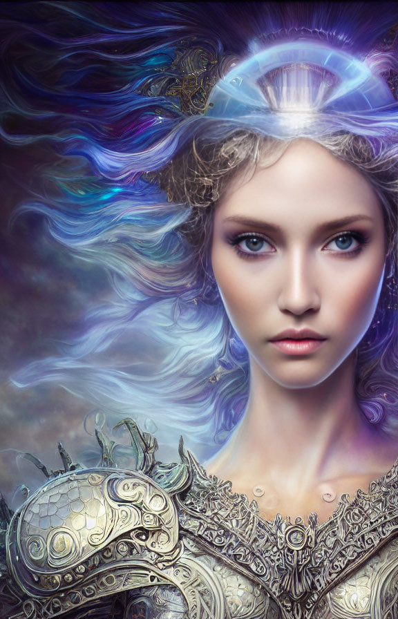 Fantasy illustration: Woman with blue hair and ornate armor in mystical aura.