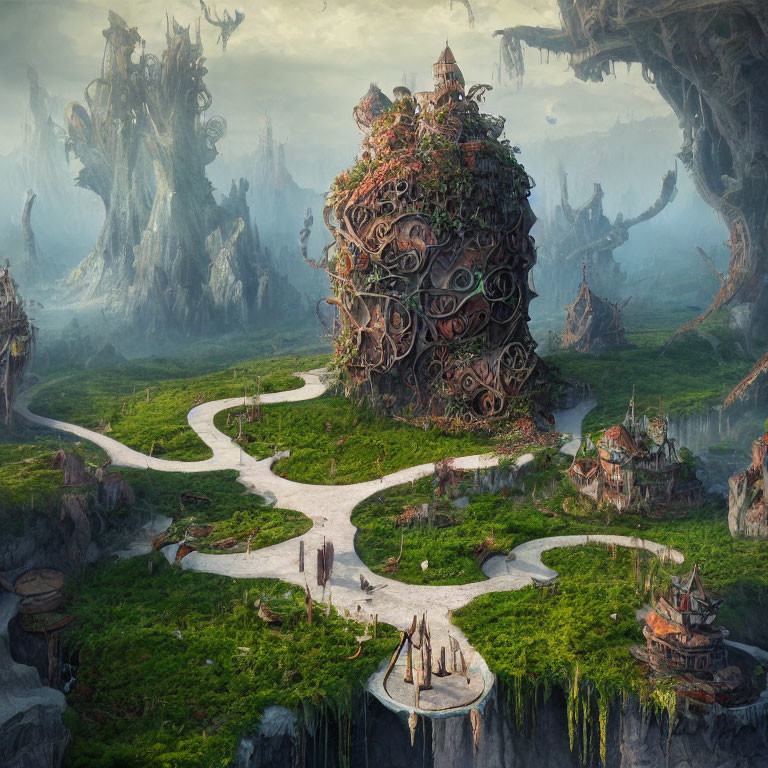 Fantastical landscape with winding path, towering organic structure, floating islands, and misty mountains