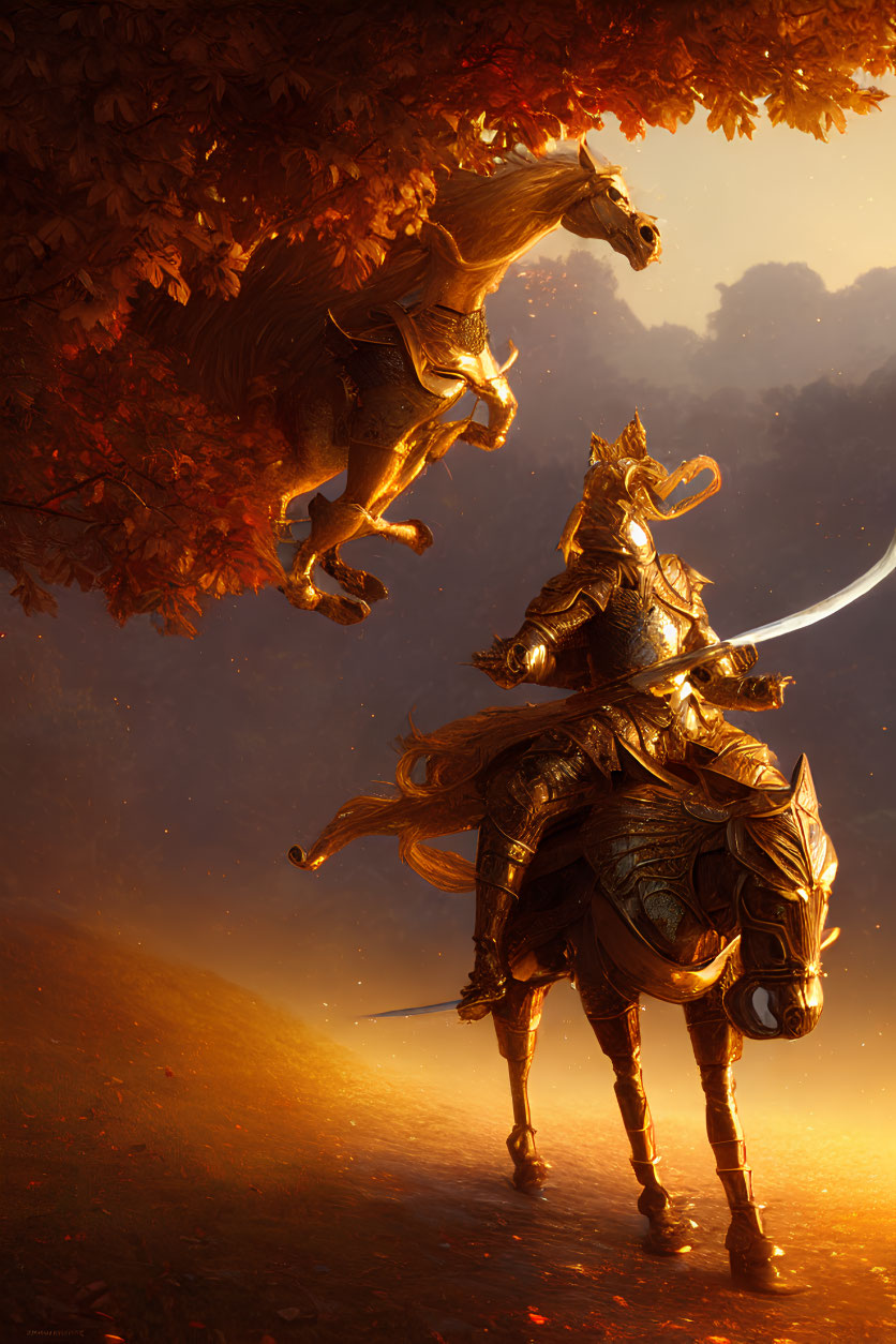 Golden-armored knight on horse wields sword under fiery sky