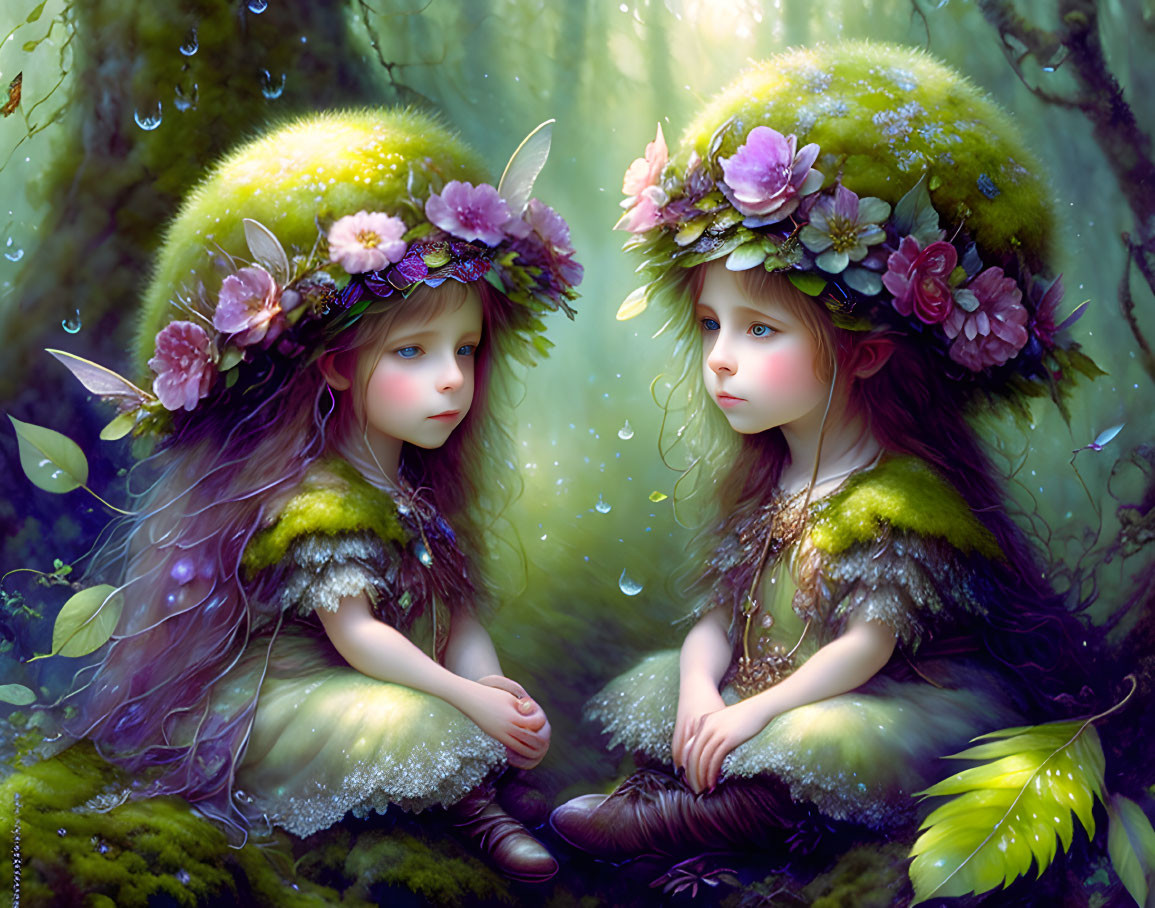 Ethereal children in flower crown and mossy dresses in mystical forest
