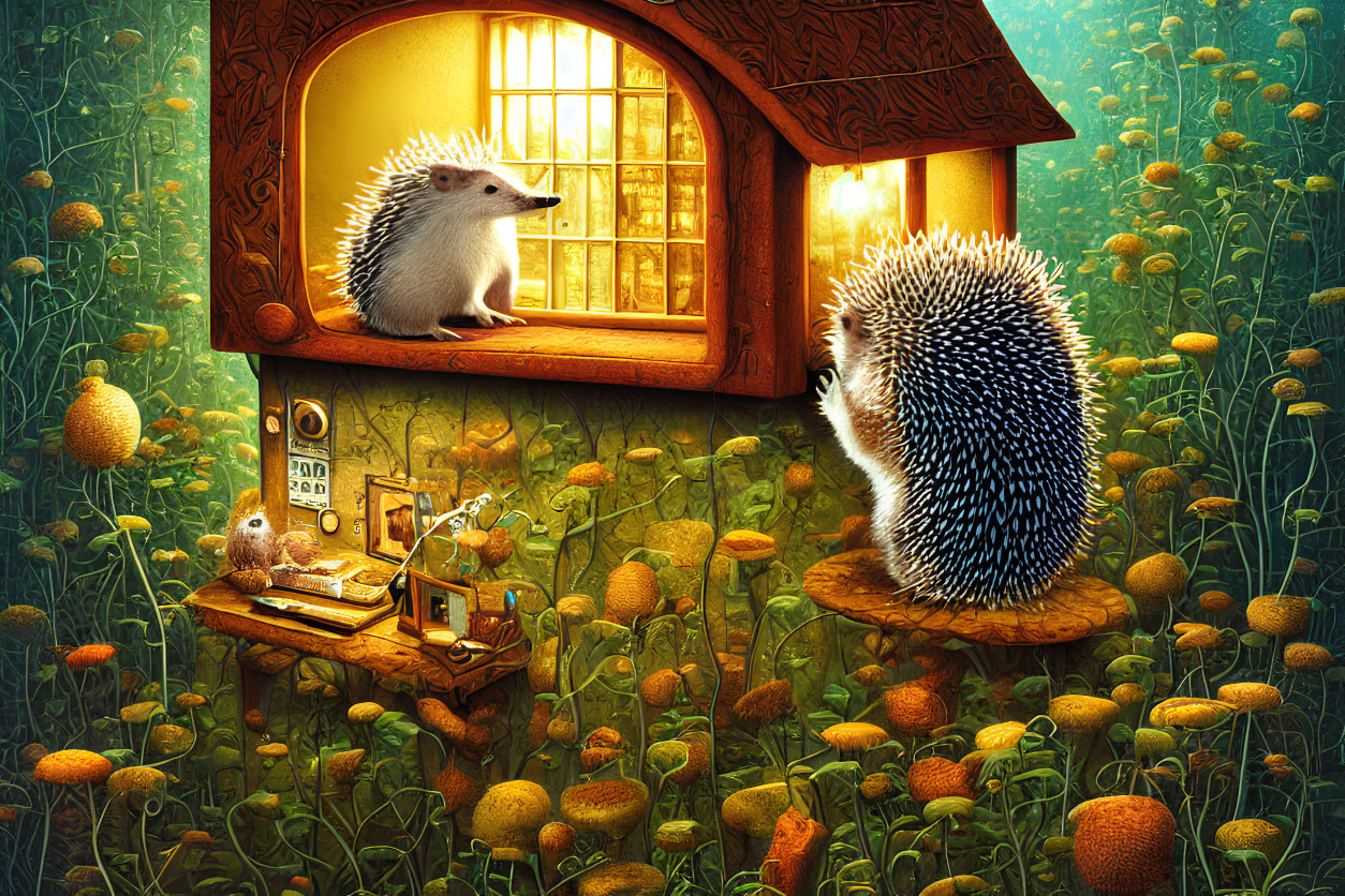 Illustration of hedgehogs in lantern-lit dandelion field, one in cozy house,