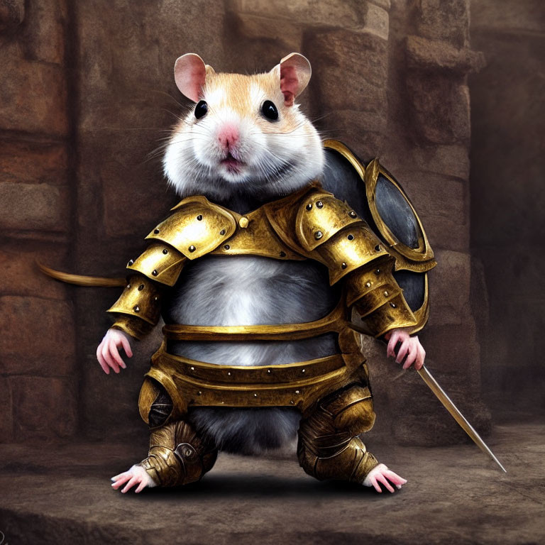 Digital artwork: Mouse in golden armor with sword and shield on stone backdrop