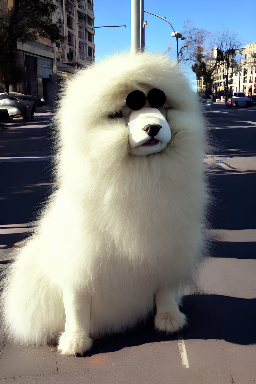 Fluffy white dog in sunglasses on city street with cars and buildings