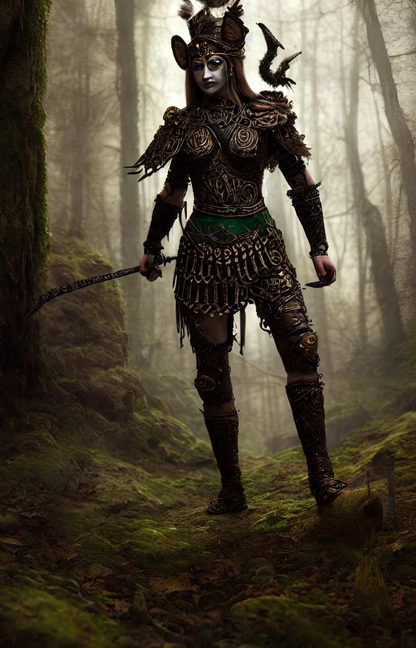 Warrior in Feathered Headdress with Chain Weapon in Misty Forest