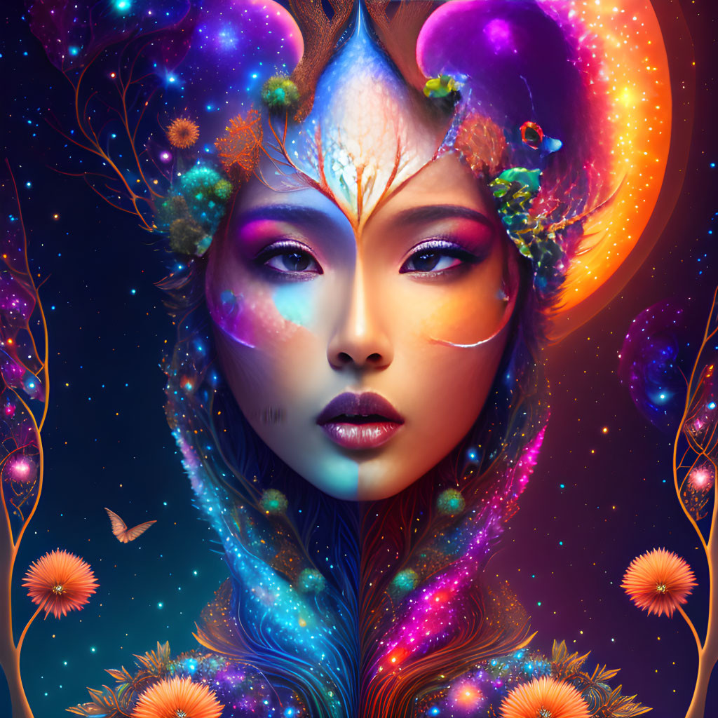Colorful digital artwork: Woman's face with cosmic and nature elements