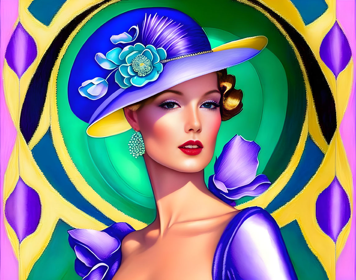 Digital illustration: Elegant woman in purple dress and blue hat with flower on abstract background