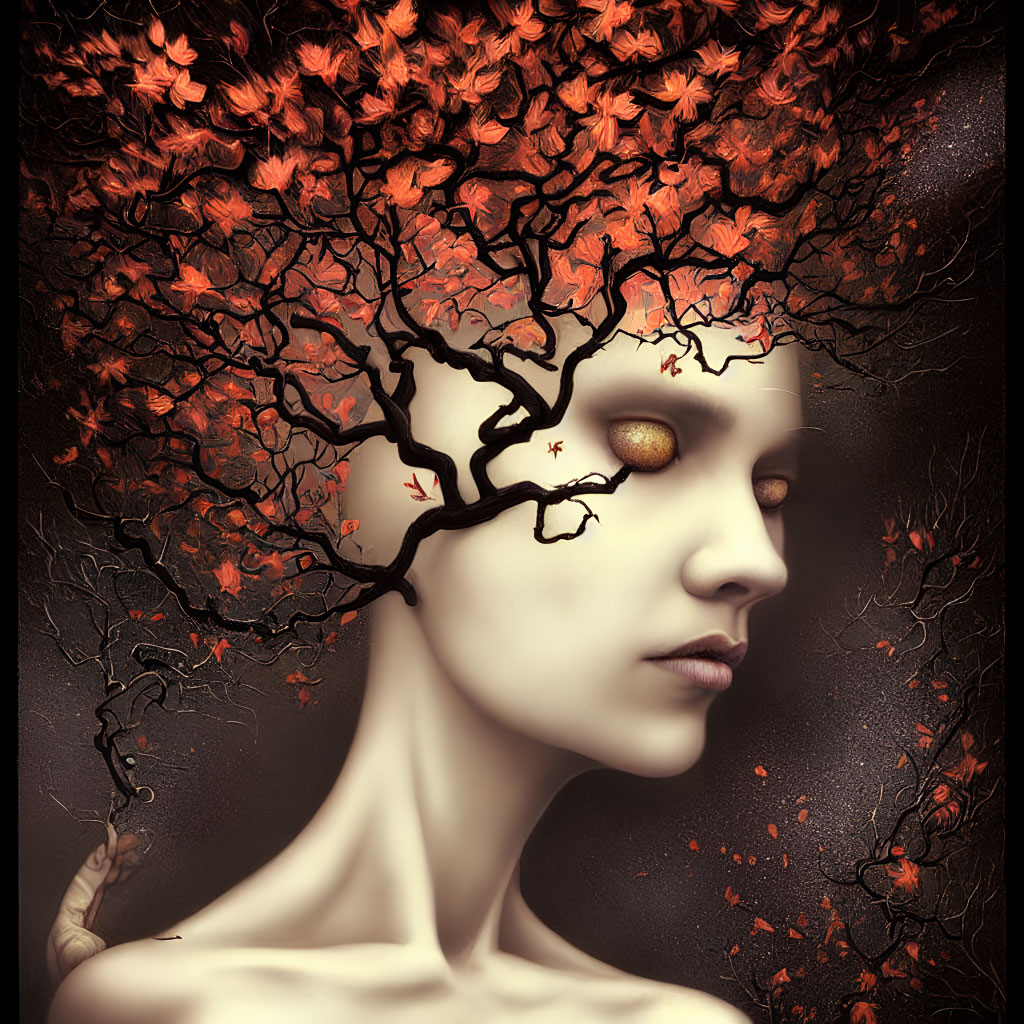 Portrait of person with tree hair: fiery orange leaves, golden eye, mystical autumnal vibe