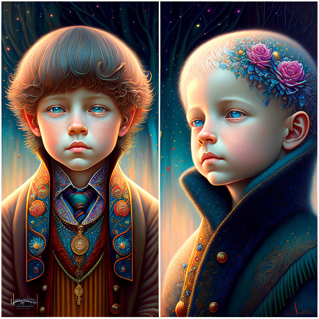 Stylized portraits of children in vintage clothing against night backdrop