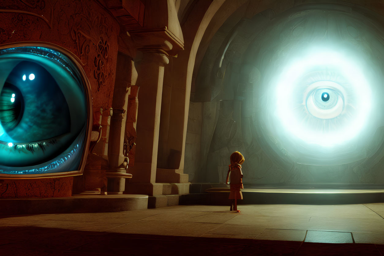 Child standing in dimly-lit hall faces luminous eye in circular frame