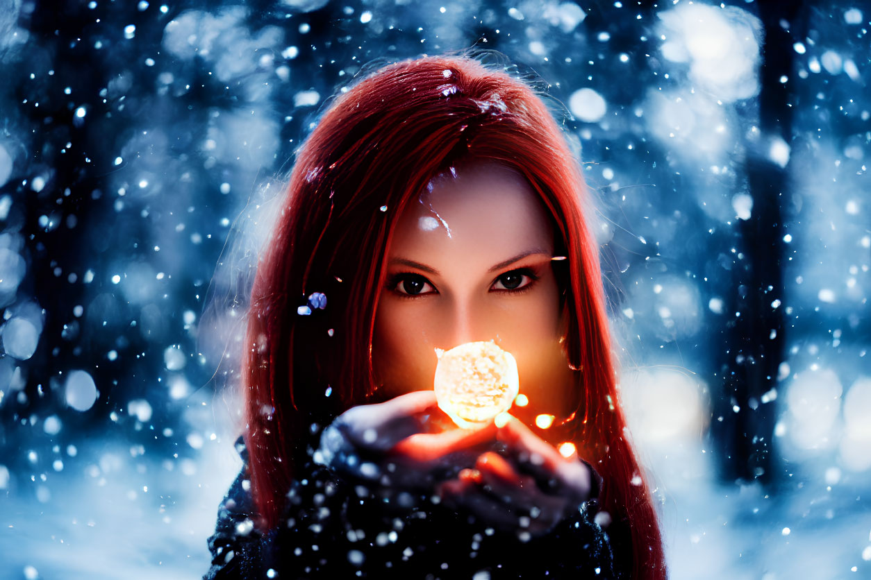 Red-haired woman holding glowing orb in snowy mystical setting