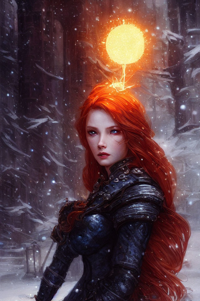 Red-haired female warrior with glowing orb in snowy landscape