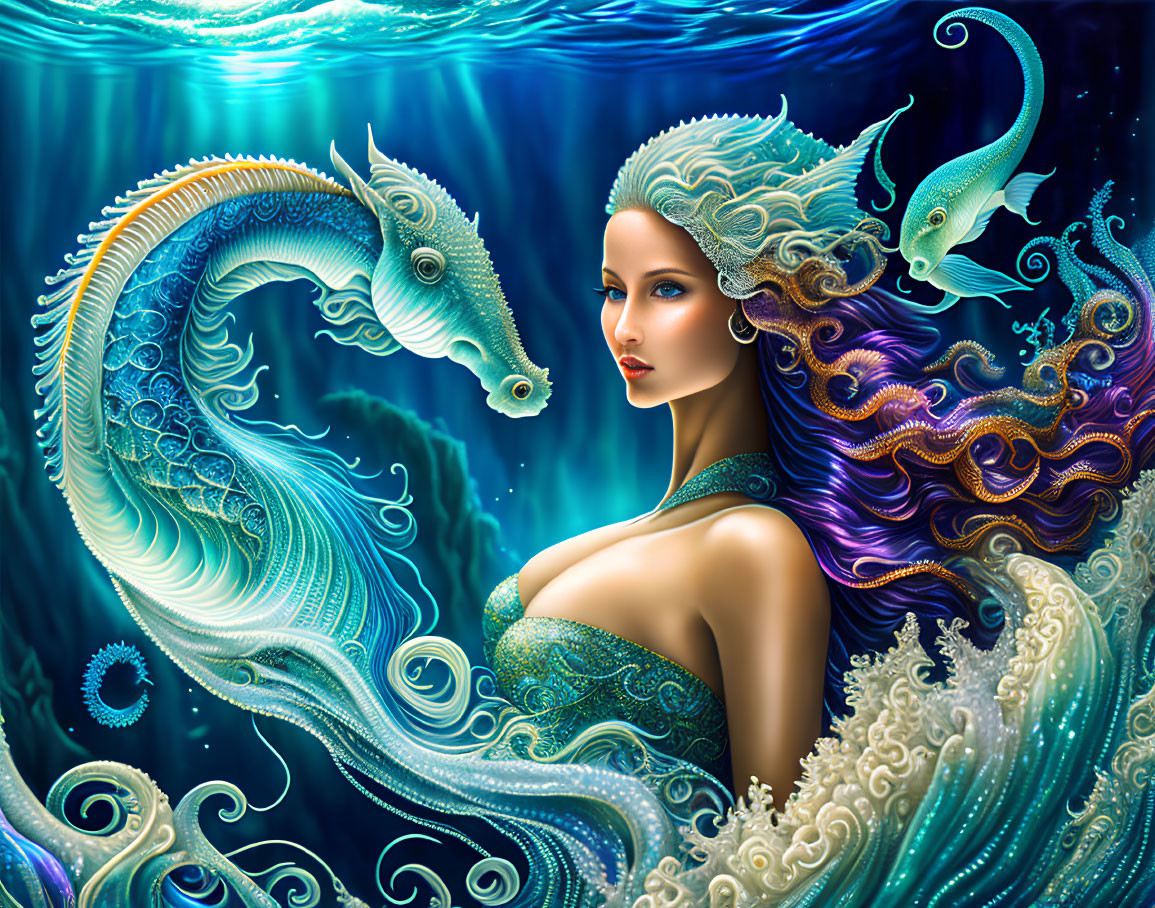 Intricate aqua-toned mermaid illustration with seahorses in underwater scene