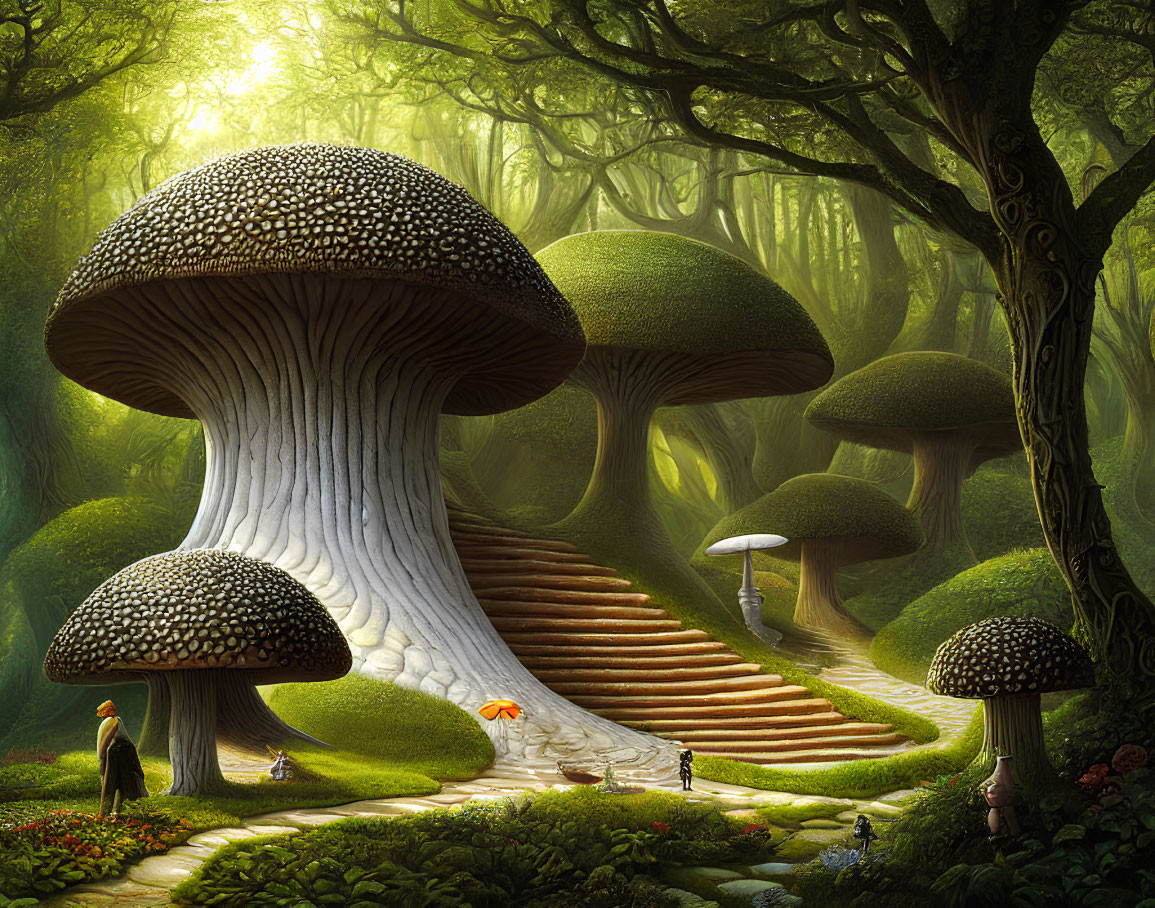 Fantastical forest scene with oversized mushrooms, staircase, small figures, and glowing sunlight.