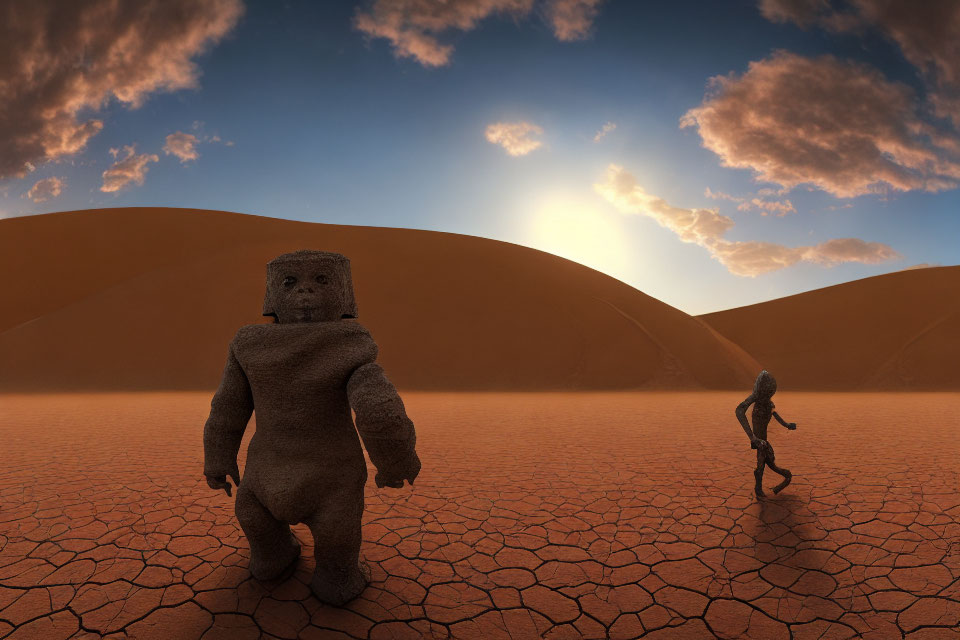 Humanoid Sculptures in Desert Landscape at Sunset