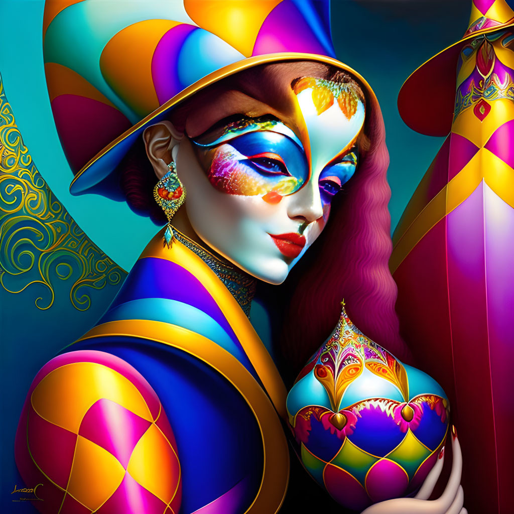 Colorful digital art: woman in jester hat with ornate mask makeup holding intricate object