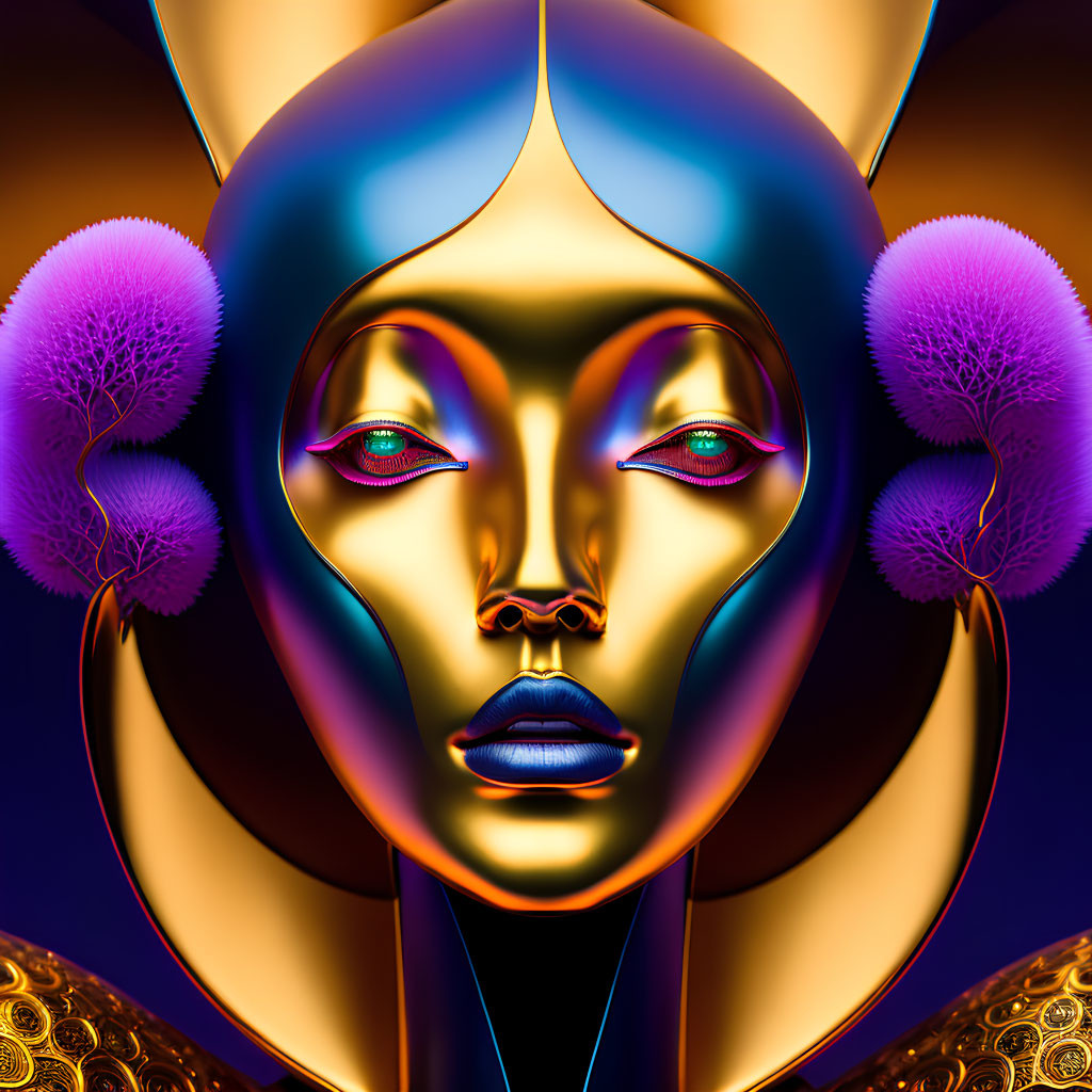 Digital art portrait of female figure with golden skin and vibrant eyes, adorned with stylized headdress and