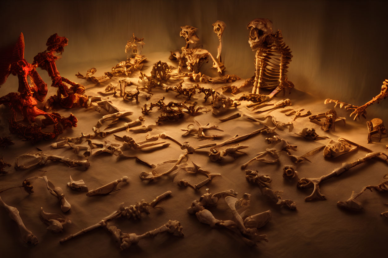 Dimly Lit Scene with Animal Skeletons and Red Skeleton Figure