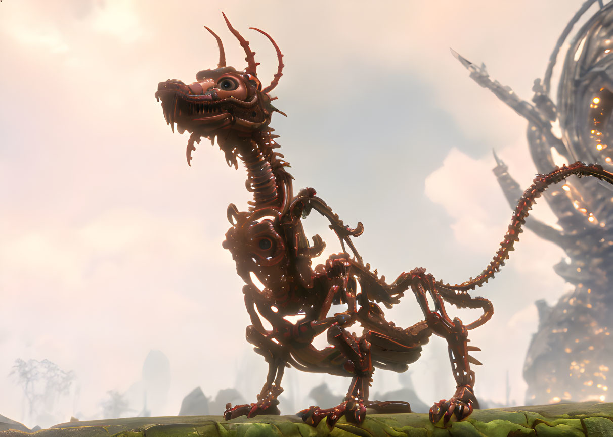 Detailed Robotic Dragon on Rocky Terrain with Industrial Background