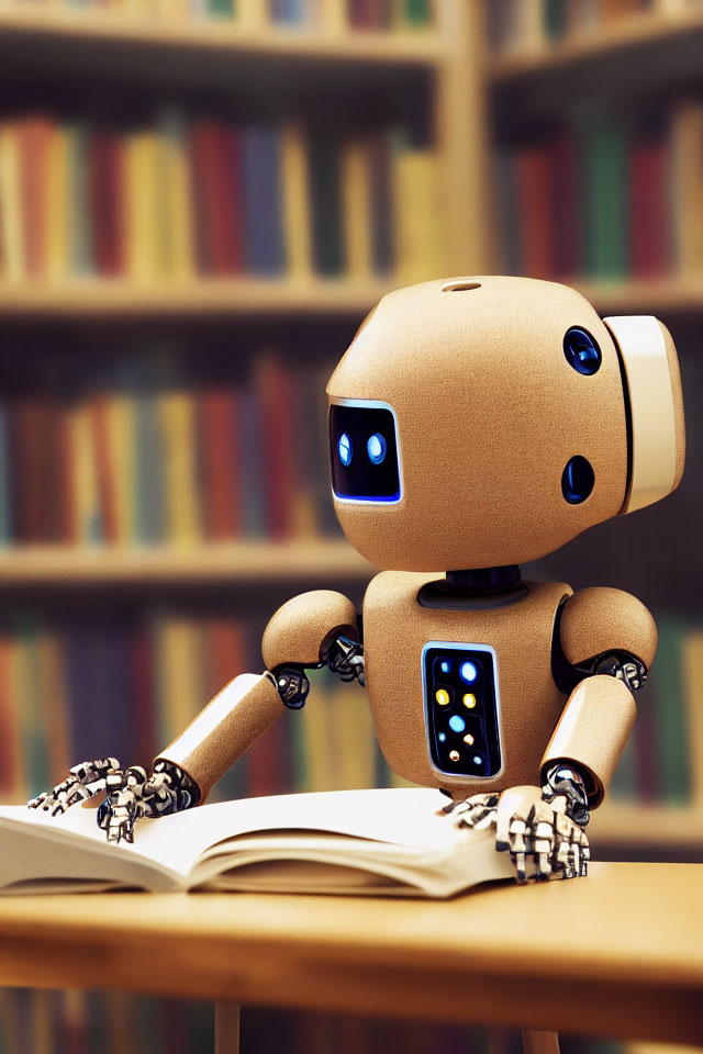 Brown humanoid robot reading book at desk with bookshelves in background
