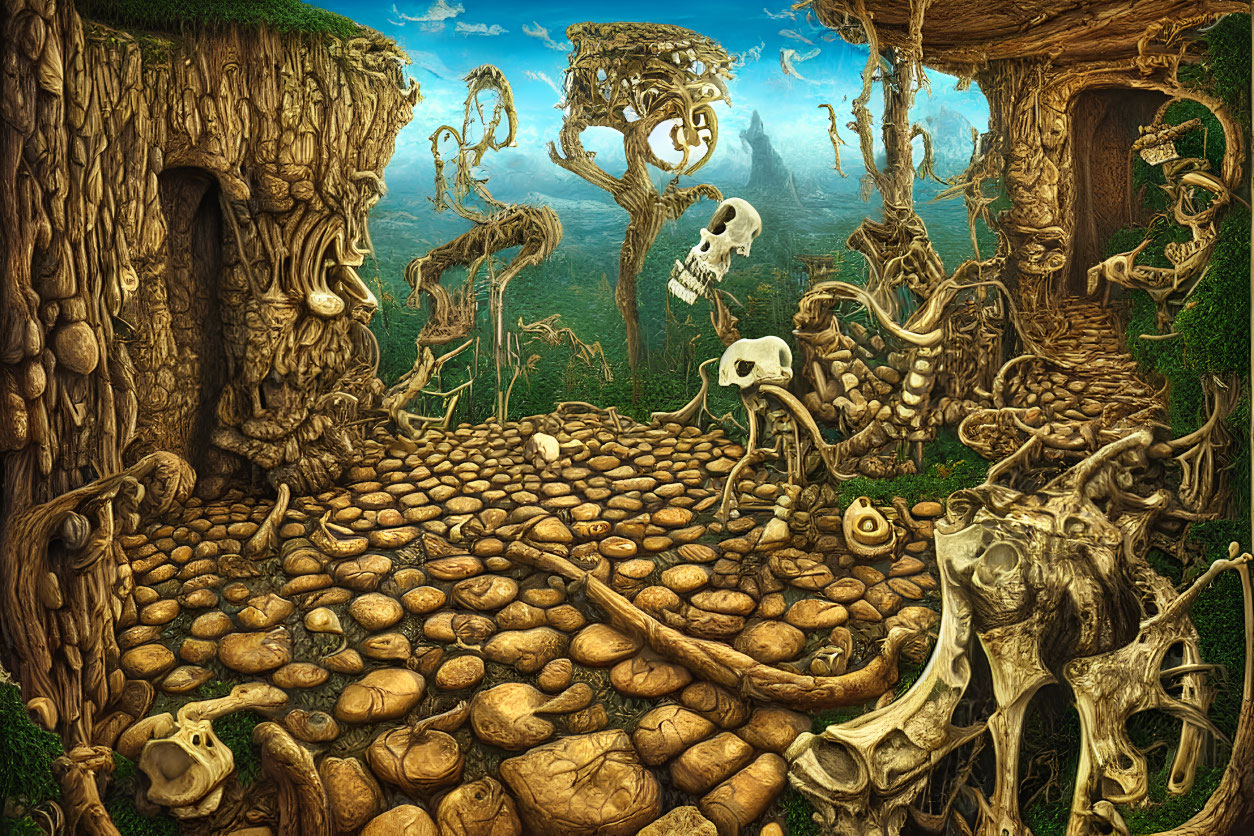 Fantastical landscape with skull-faced trees and stone path