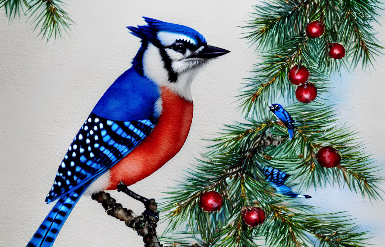 Detailed illustration of blue jay on pine branch with red berries