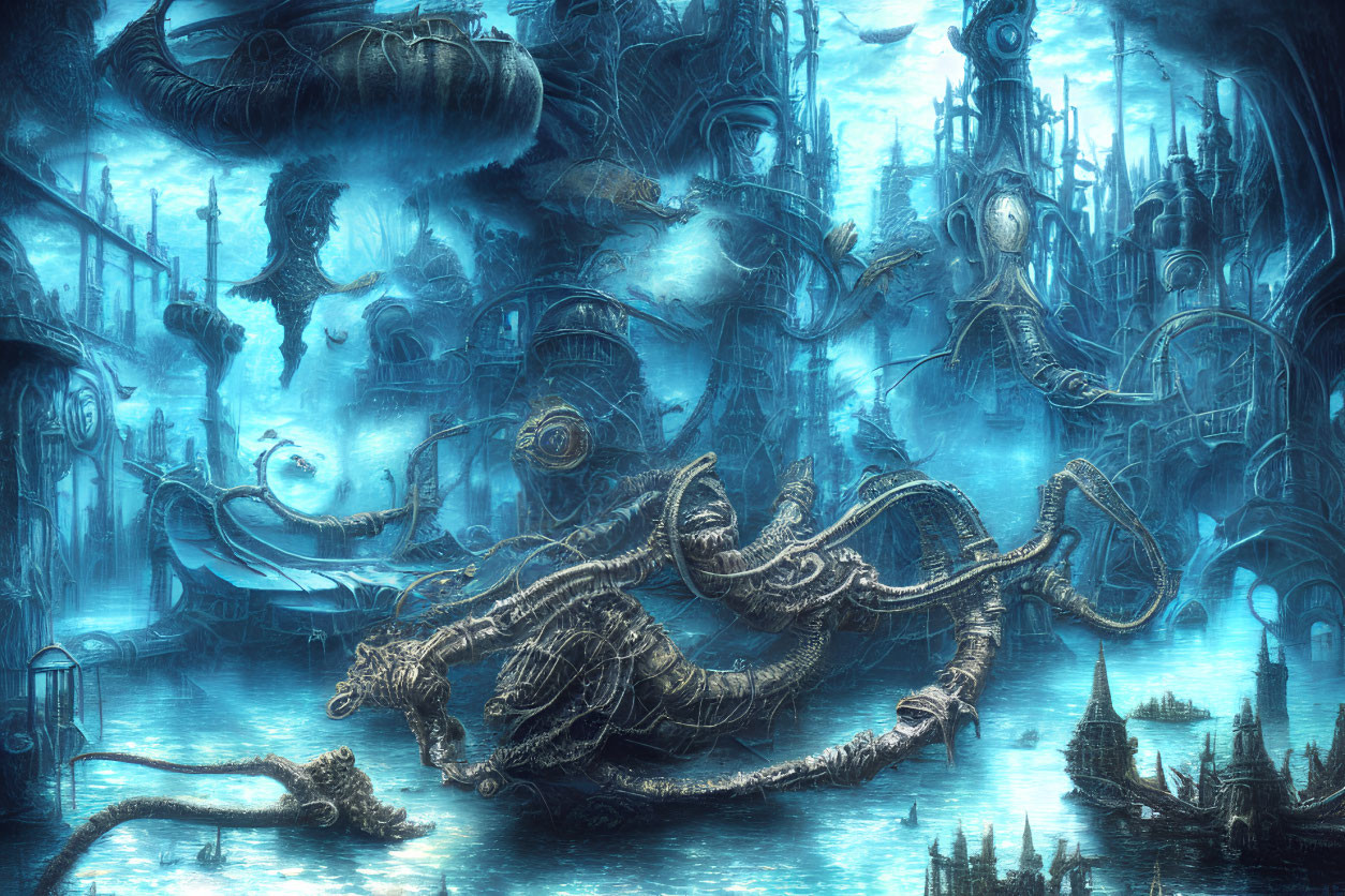 Intricate underwater cityscape with mechanical dragon and creatures amid swirling waters