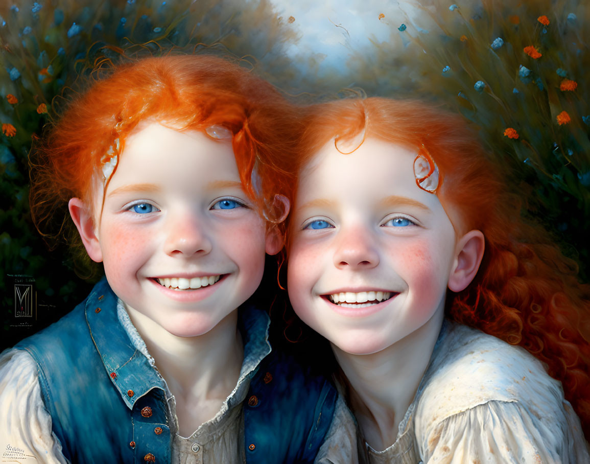 Smiling children with red hair and freckles in sunny, floral scene