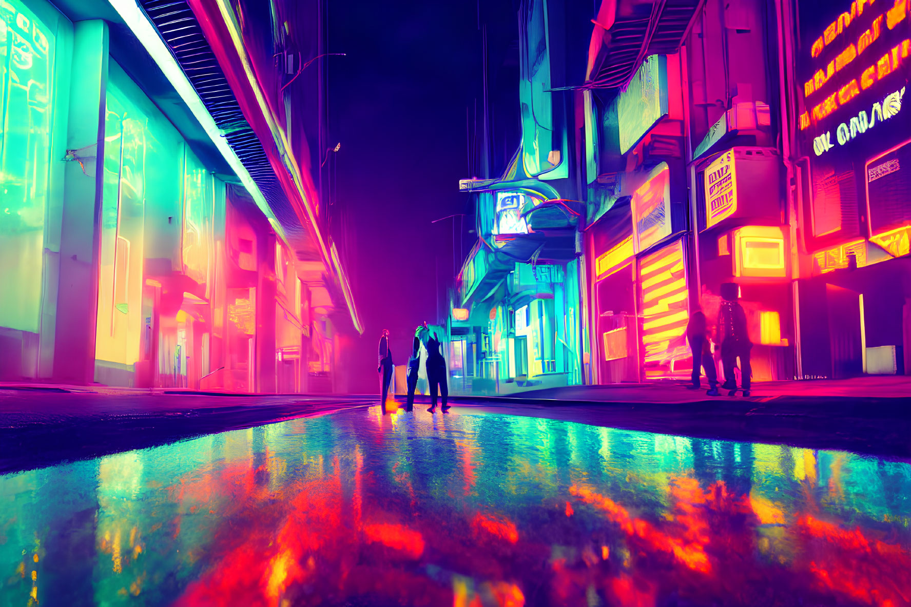 Neon-lit city street at night with silhouetted pedestrians