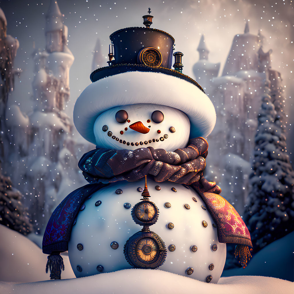 Steampunk snowman with top hat, scarf, and pocket watches in snowy landscape