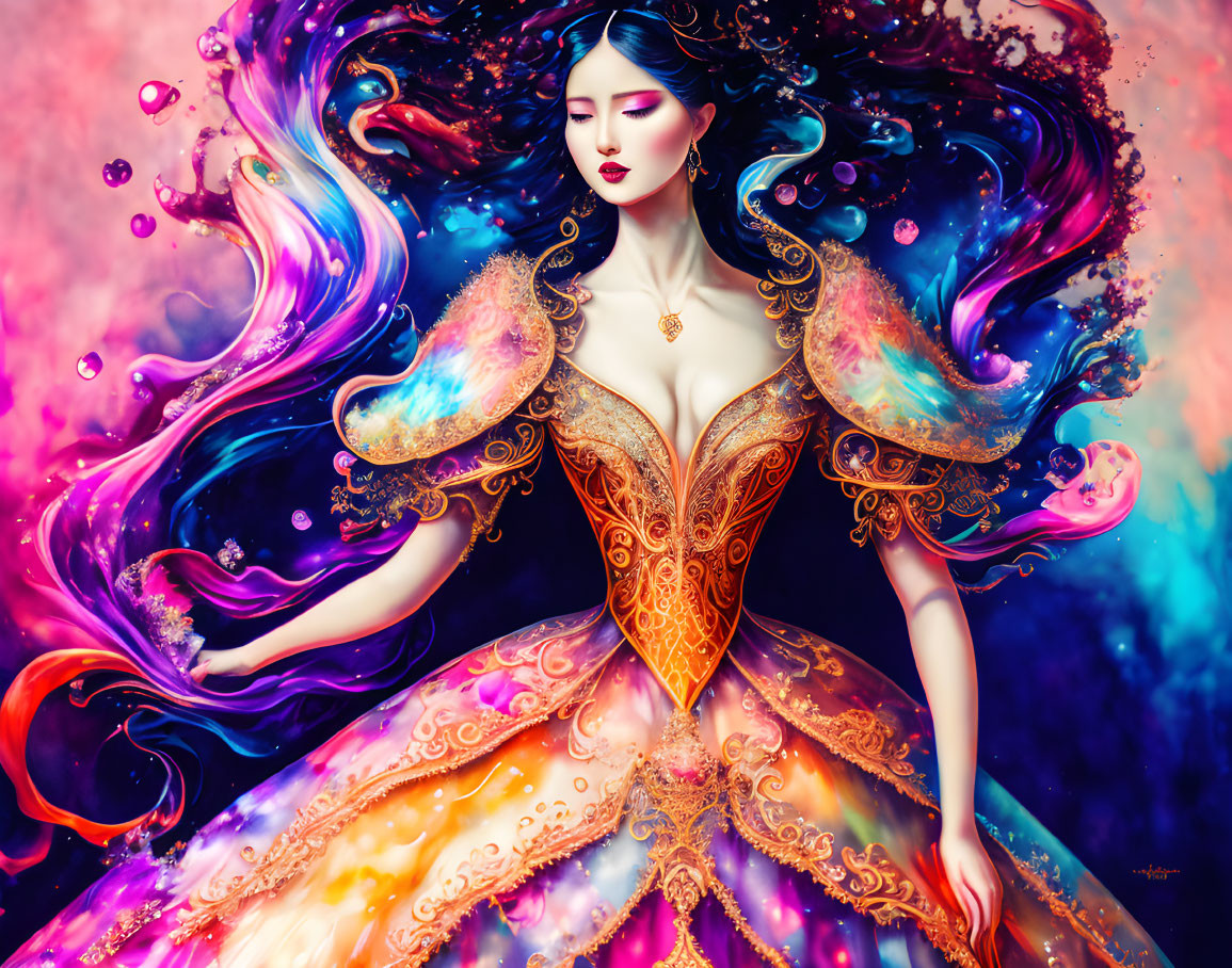 Colorful digital artwork: Woman with multicolored hair and cosmic-floral dress