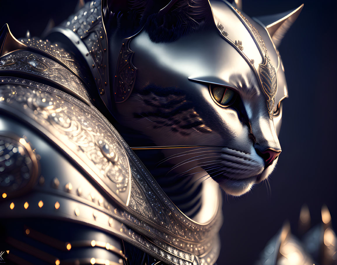 Realistic 3D illustration of a cat in ornate silver knight armor on dark backdrop