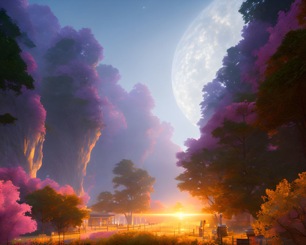 Fantasy landscape with pink trees, large moon, and misty clearing at dusk