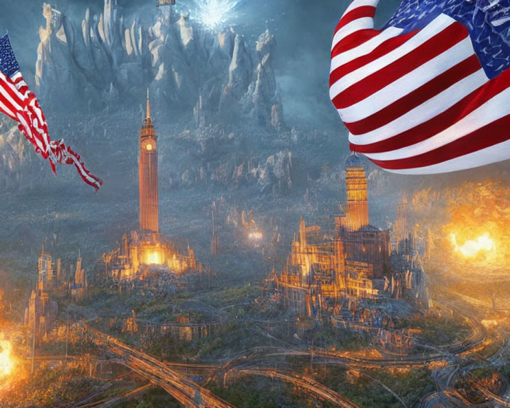 American flag waves over fantastical cityscape with towering building, mountains, and explosions