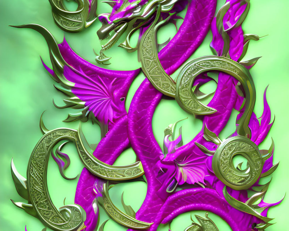 Colorful Pink and Gold Dragon Artwork on Green Background