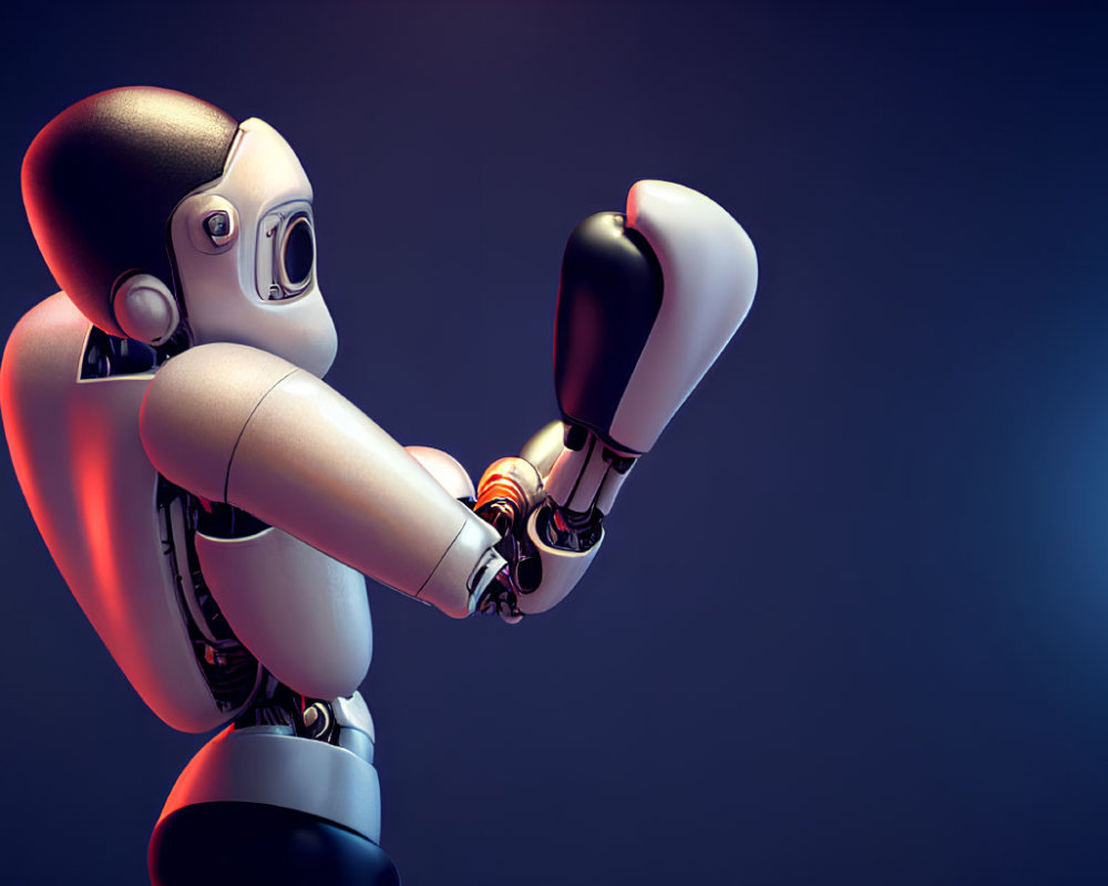 Sleek white and black human-like robot examining hand on dark background