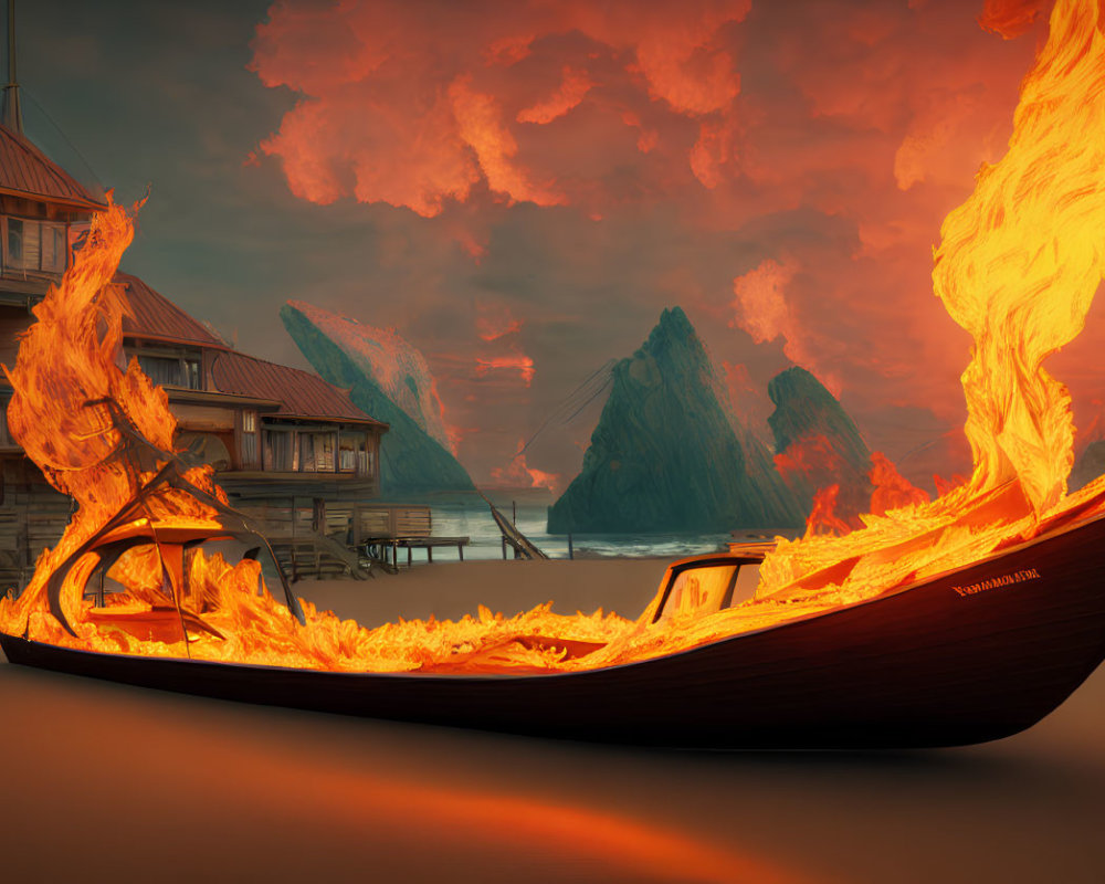 Artistic depiction of flaming boat by wooden docks with fiery clouds and rocky peaks.