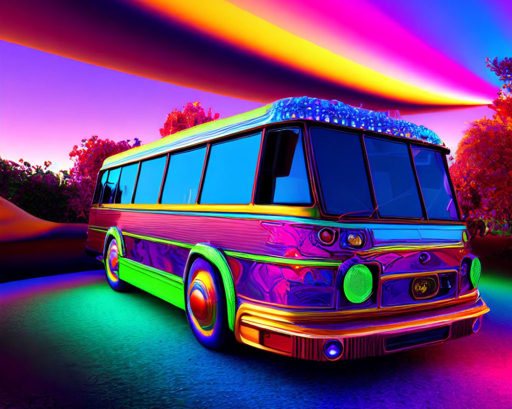 Colorful Psychedelic Bus with Neon Glows on Surreal Purple-Orange Sky