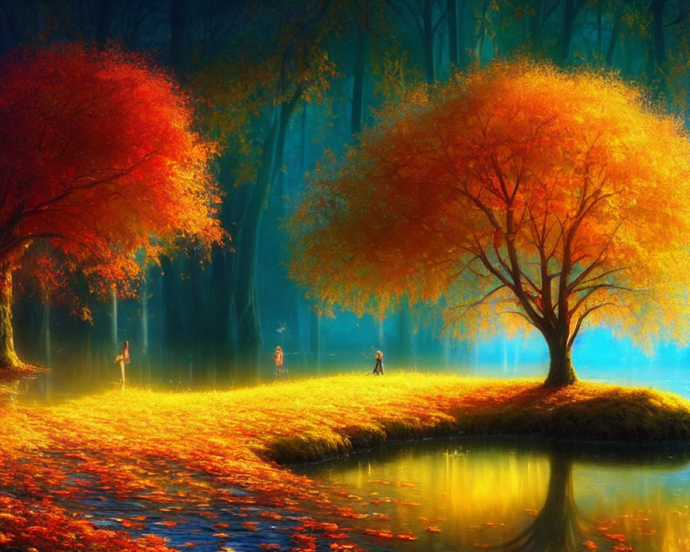 Tranquil autumn forest with colorful trees and figures in misty setting