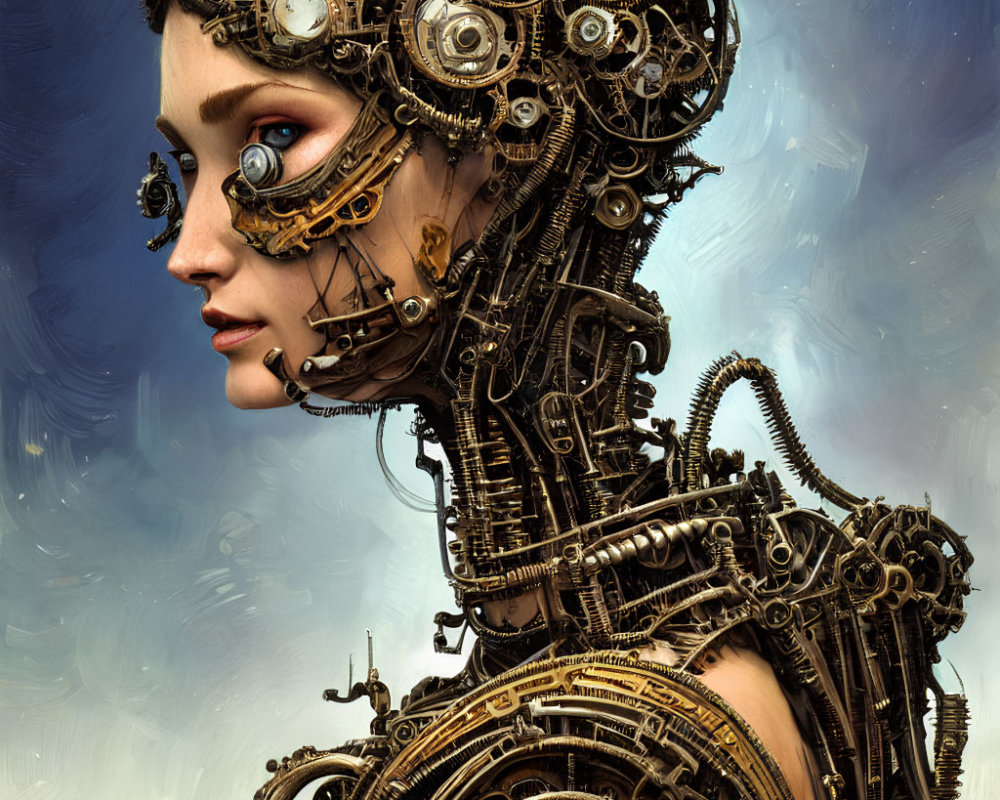 Portrait of a woman with mechanical hair and steampunk features