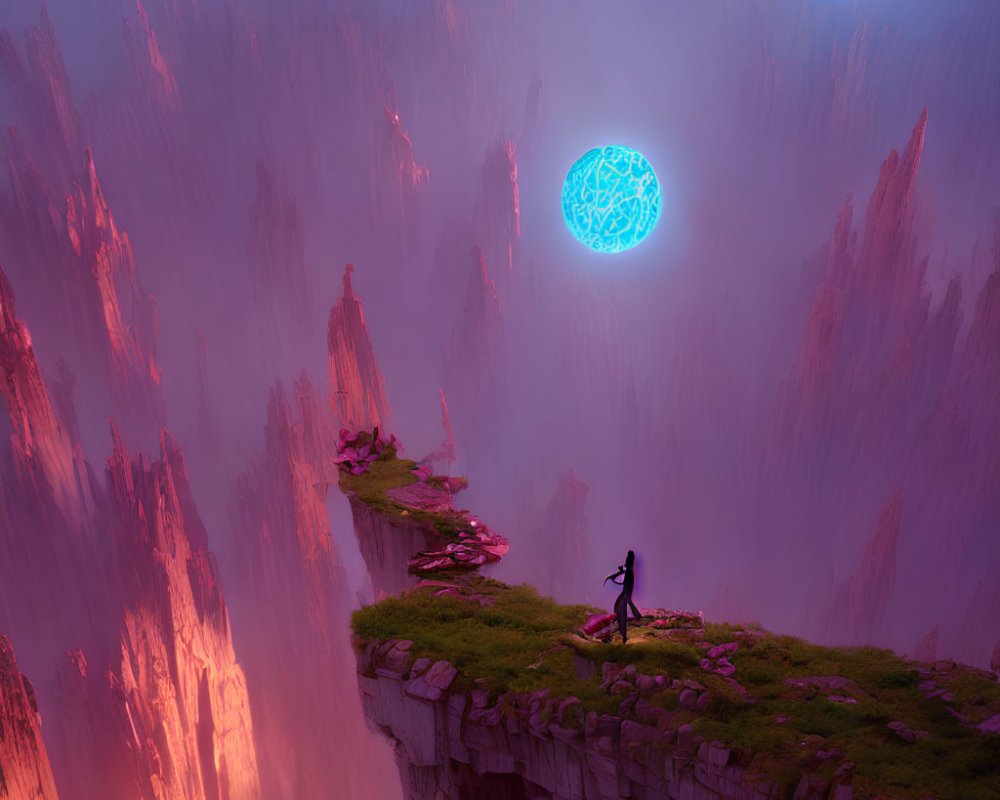 Figure on Floating Rock Island Amidst Towering Spires and Glowing Blue Orb