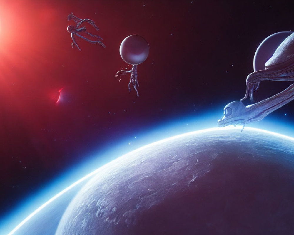 Astronauts floating near sleek spaceship above alien planet with sun in backdrop