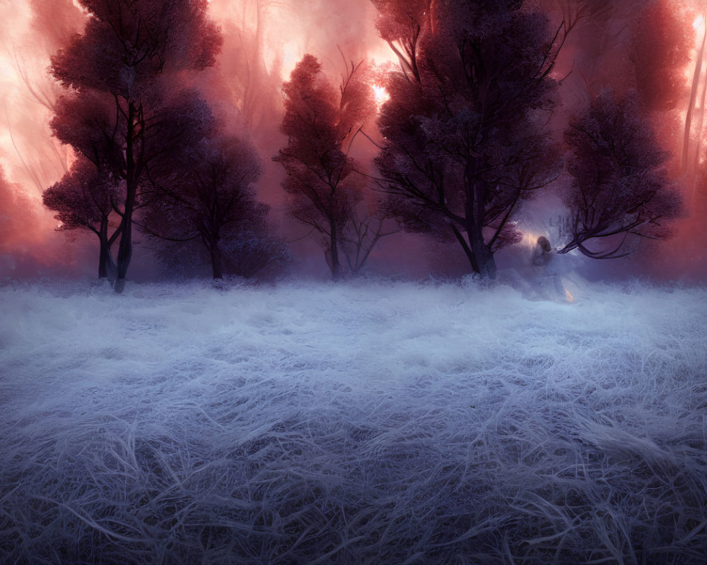 Figure Walking Through Frost-Covered Ground with Silhouetted Trees in Radiant Pink and Purple