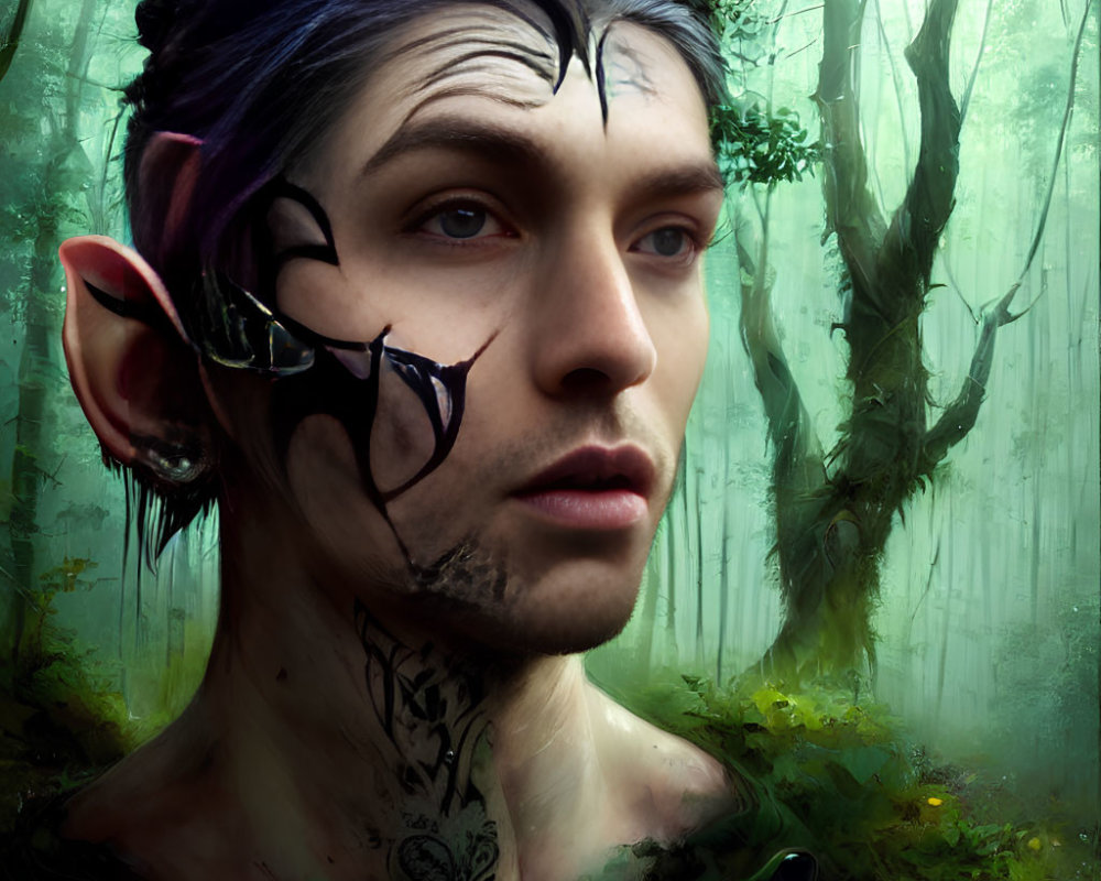 Portrait of a person with fantasy elf-like ears and black facial markings in misty forest.