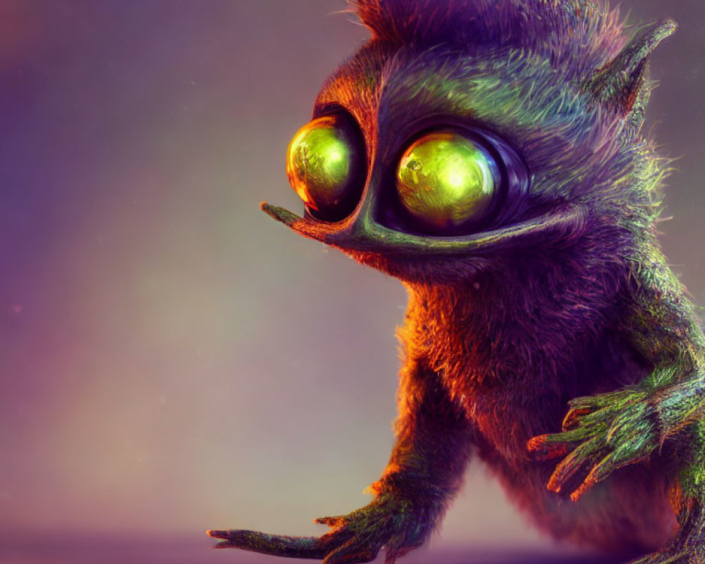 Furry alien creature with green eyes on gradient background