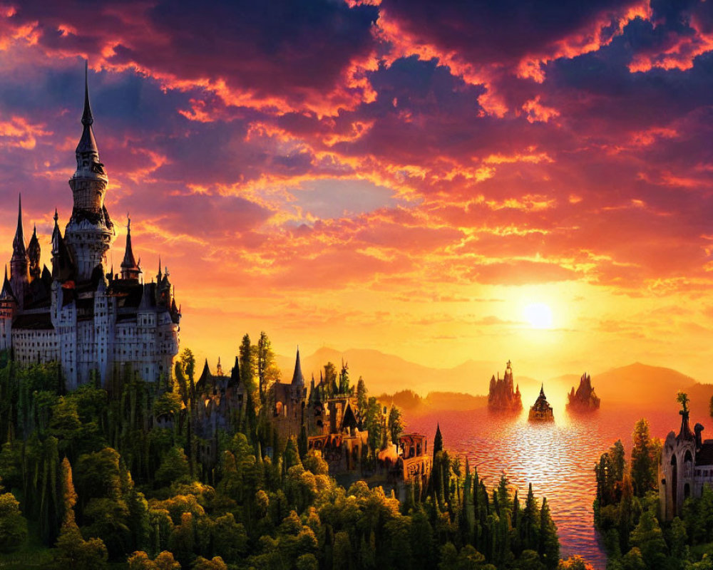 Fantasy castle at vibrant sunset with silhouetted spires, forest, and lake.