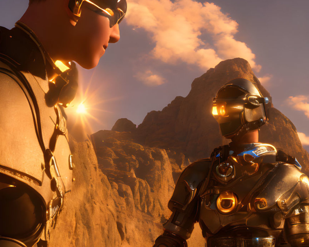 Futuristic human and robot admire sunset in rocky desert landscape