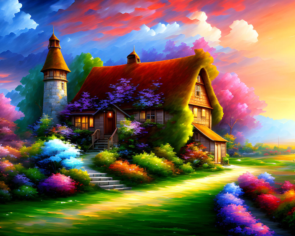 Colorful garden landscape with quaint thatched-roof house under dramatic sky