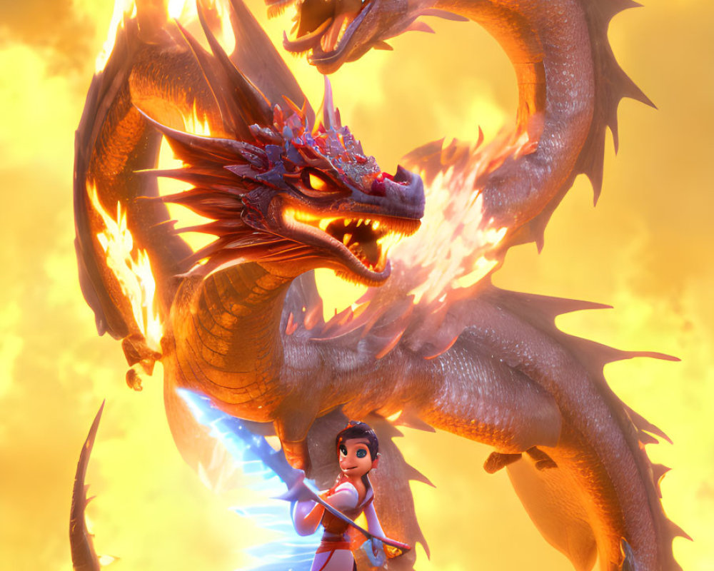 Confident girl with sword and golden dragon in amber sky
